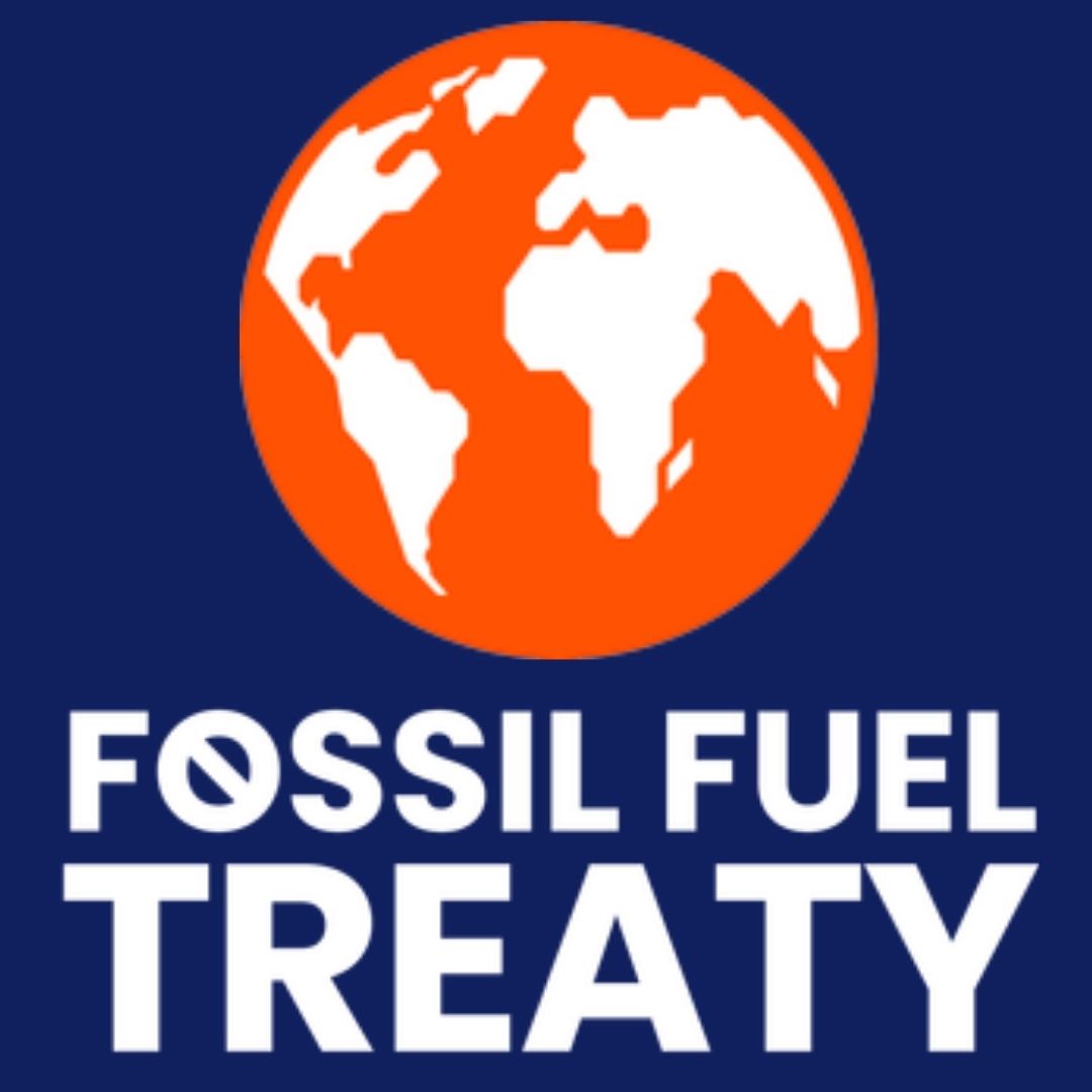 Fossil Fuel Treaty logo with an orange-and-white globe