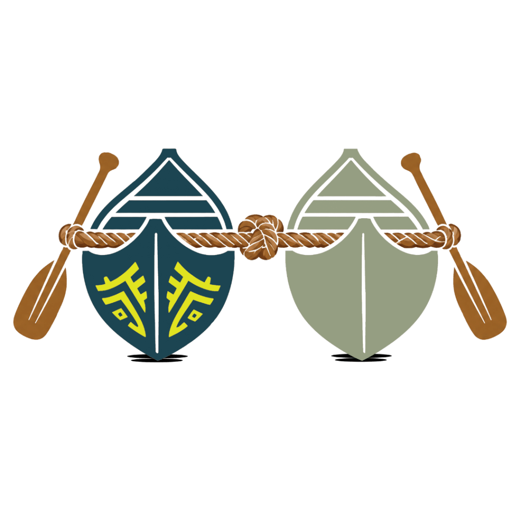 Two distinct canoes connected by a shared rope